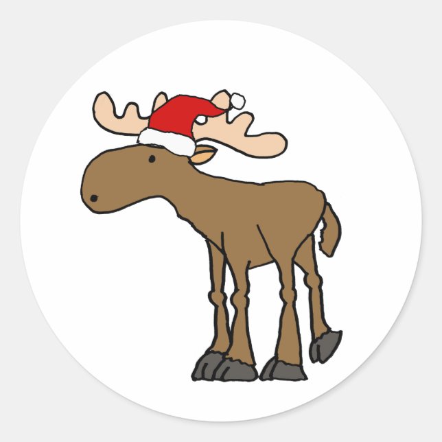 Funny Moose wearing Santa Hat Christmas Cartoon Classic Round Sticker (Front)