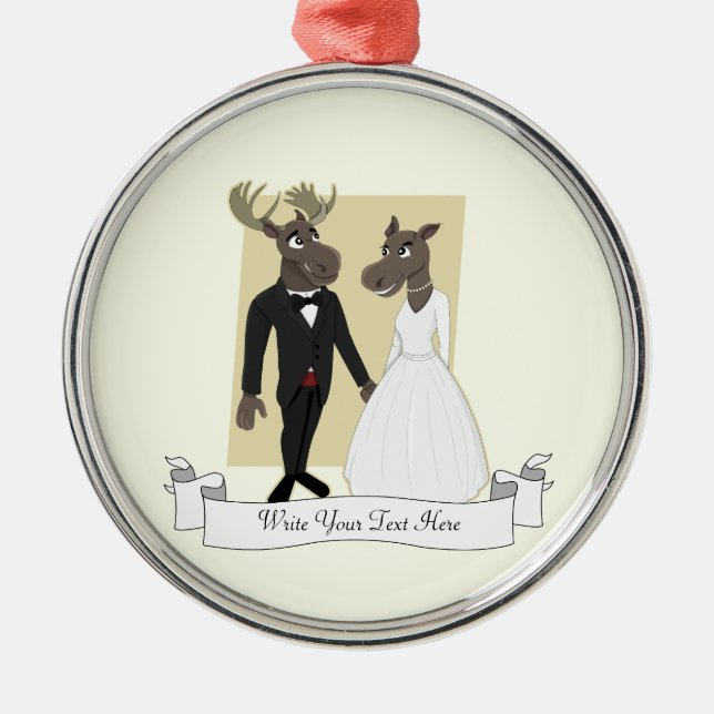 Funny Moose Wedding Cartoon Metal Tree Decoration (Front)