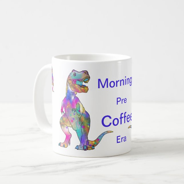 Funny Morning Coffee Psychedelic T Rex Dinosaur Mug (Front Left)