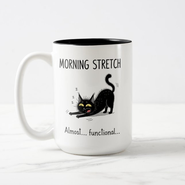 Funny Morning Stretch Almost Functional Cat Mug (Left)