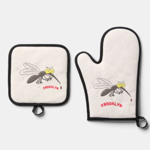 Funny mosquito insect cartoon illustration oven mitt & pot holder set