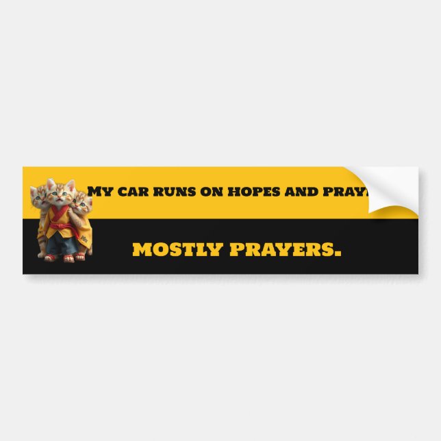 Funny Mostly Prayers Bumper Sticker - Monk Cat Car (Front)