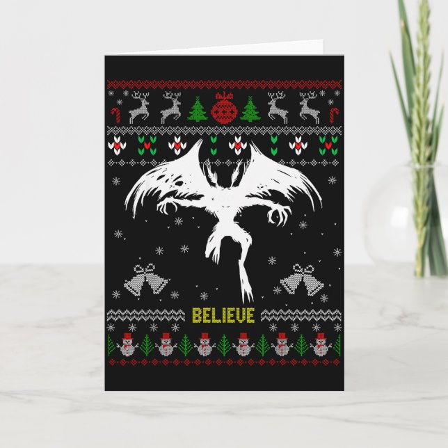 Funny Mothman Ugly Christmas Sweater Believe Crypt Card (Front)