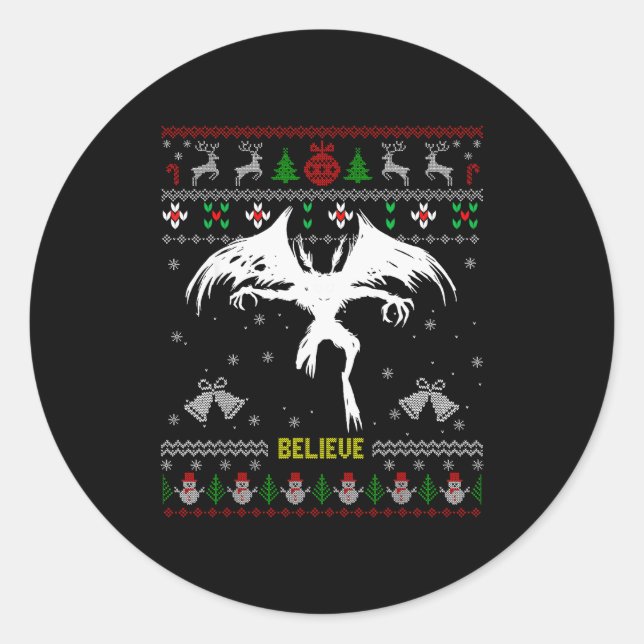 Funny Mothman Ugly Christmas Sweater Believe Crypt Classic Round Sticker (Front)