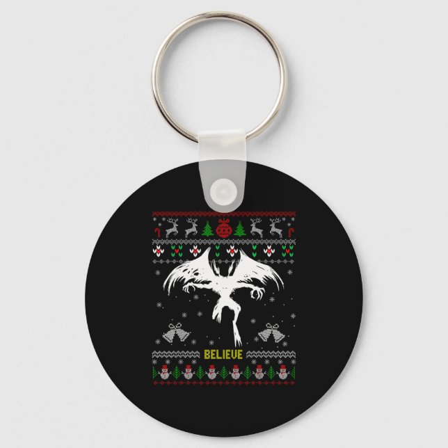 Funny Mothman Ugly Christmas Sweater Believe Crypt Key Ring (Front)