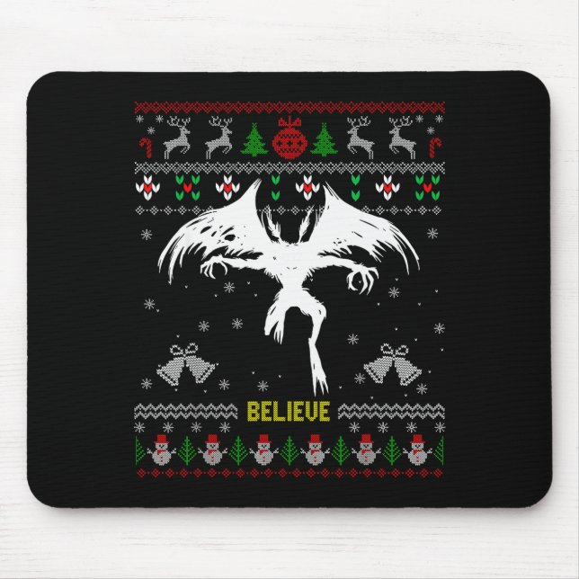 Funny Mothman Ugly Christmas Sweater Believe Crypt Mouse Mat (Front)