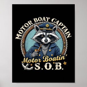 Funny Motor Boat Captain Nautical Racoon Meme Gra Poster