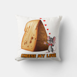 Funny Mouse in Love with a slice of Cheese on a Cushion