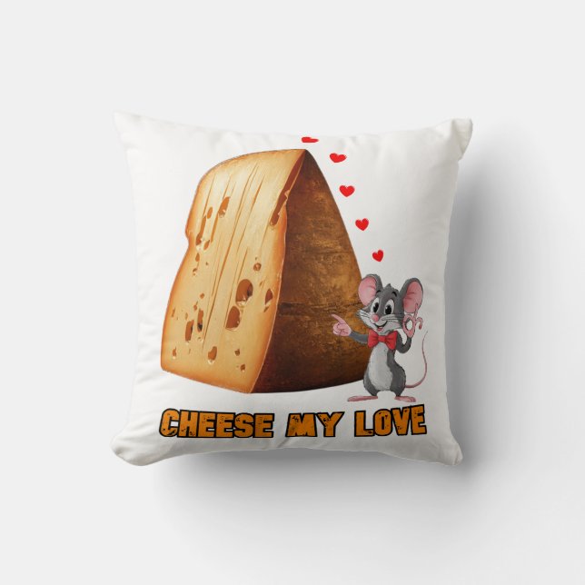 Funny Mouse in Love with a slice of Cheese on a Cushion (Front)