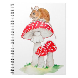 Funny mouse on a fly agaric, watercolor notebook