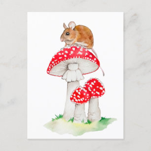 Funny mouse on a fly agaric, watercolor postcard