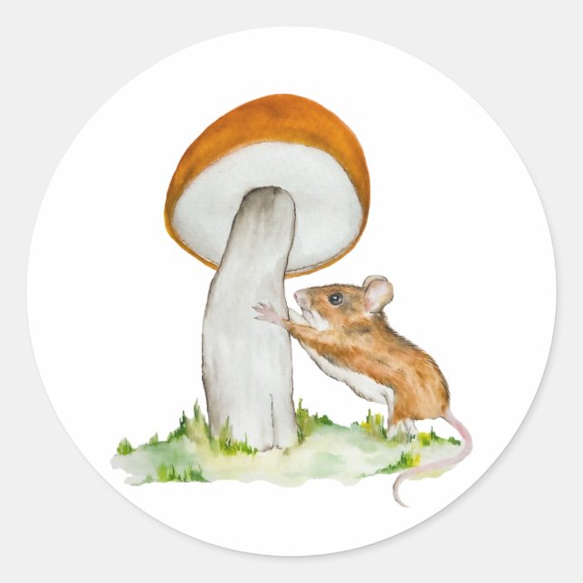 Funny mouse with wild mushroom classic round sticker (Front)