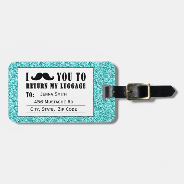 Funny Moustache Aqua Blue Glitter Luggage Tag (Front Horizontal)