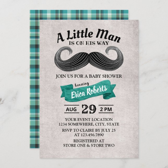 Funny Moustache Cute Little Man Teal Baby Shower Invitation (Front/Back)