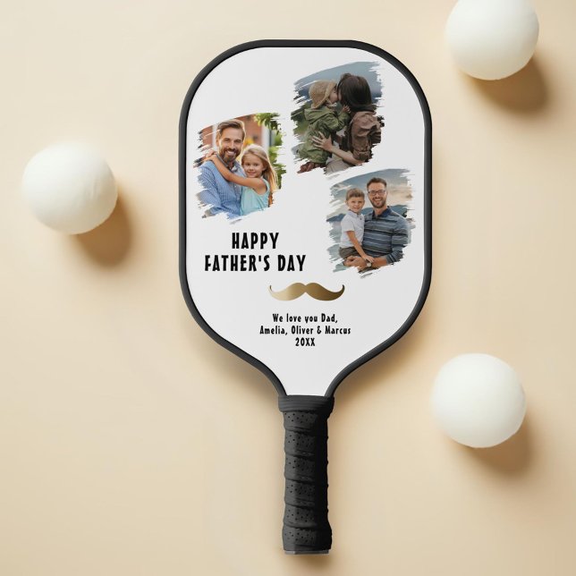 Funny Moustache Happy Father's Day 3 Photo Pickleball Paddle (Creator Uploaded)