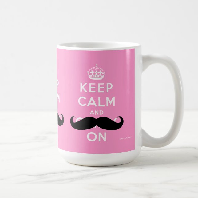 Funny Moustache Keep Calm and Carry On | PINK Coffee Mug (Right)