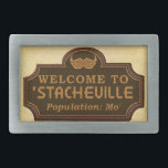 Funny Moustache Mo Welcome Sign Rectangular Belt Buckle<br><div class="desc">This funny moustache design features a wooden sign that says,  "Welcome to ' Stacheville. Population: Mo'" with a moustache / moustache above it. It would be a humourous design to wear for No Shave November / Moustache Month or for any man who likes moustaches.</div>