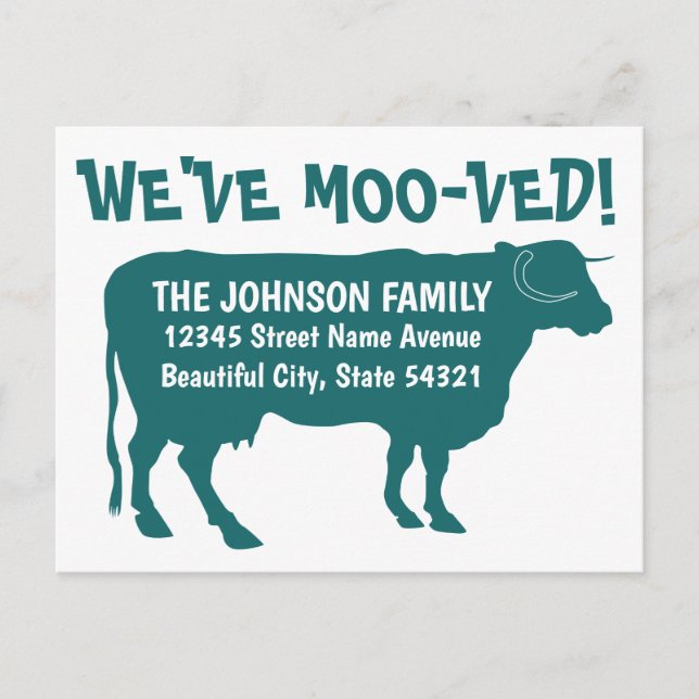 Funny Moving Cow New Address We've Moo-ved Green Announcement Postcard (Front)