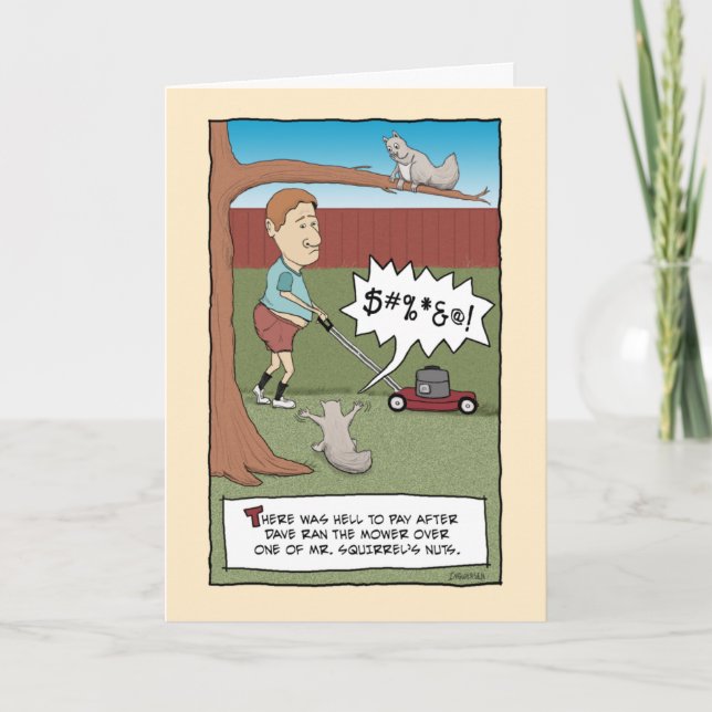 Funny Mowing the Squirrel's Nuts Birthday Card (Front)