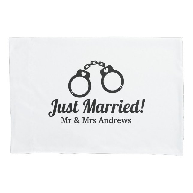 Funny Mr and Mrs handcuffs pillow case for couple (Front)