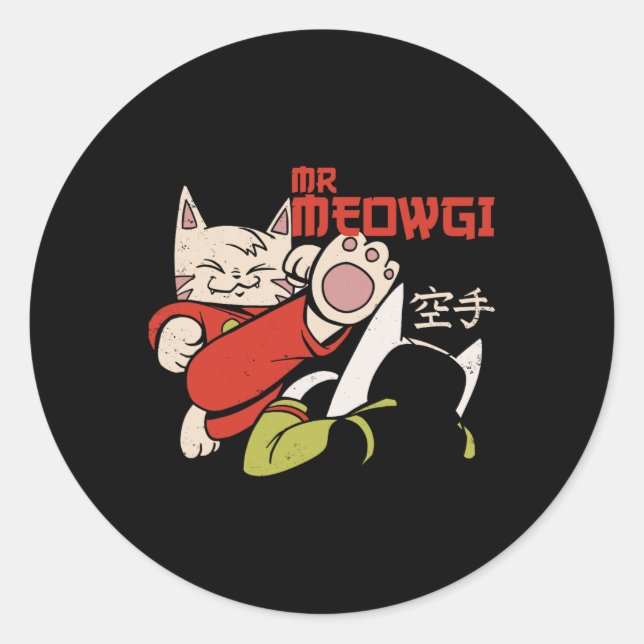 Funny Mr Meowgi Karate Cat Meow Design Men Women  Classic Round Sticker (Front)