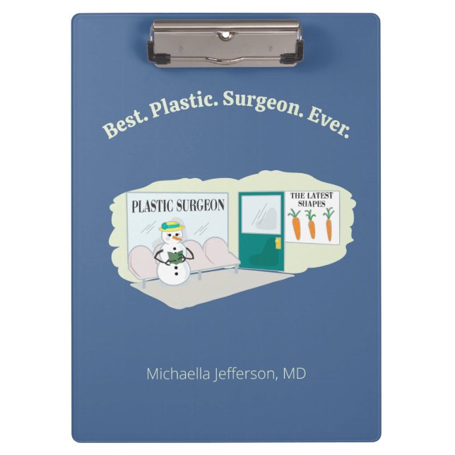 Funny Ms Frosty at plastic surgeon cartoon Clipboard (Front)
