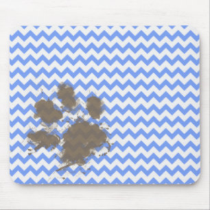 Funny Muddy Paw Print on Blue Chevron Mouse Mat
