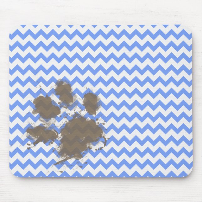 Funny Muddy Paw Print on Blue Chevron Mouse Mat (Front)