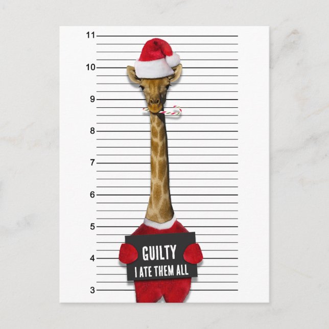 Funny Mugshot Christmas Guilty Giraffe Holiday Postcard (Front)