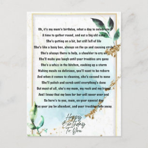 Funny Mum Birthday Poem Postcard