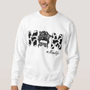 Funny Mum Life Cow Messy Bun Hair Bandanna Glasses Sweatshirt