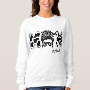 Funny Mum Life Cow Messy Bun Hair Bandanna Glasses Sweatshirt
