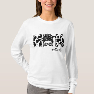 Funny Mum Life Cow Messy Bun Hair Bandanna Glasses T-Shirt