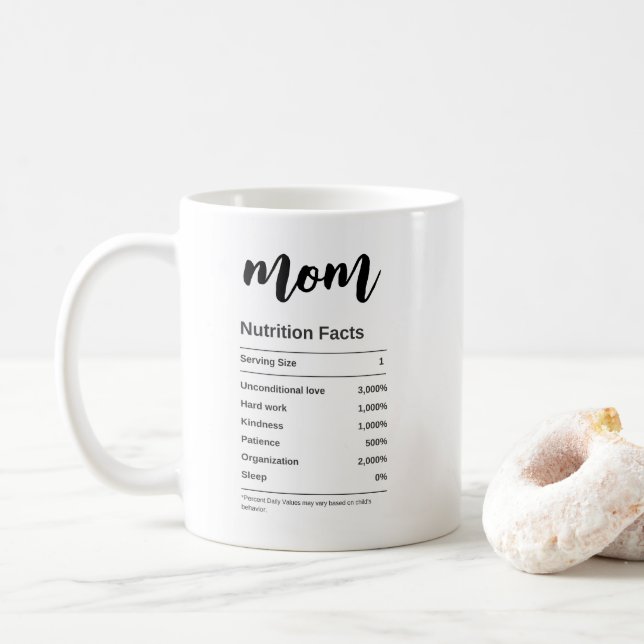 Funny Mum Nutrition Facts Black And White Script Coffee Mug (With Donut)