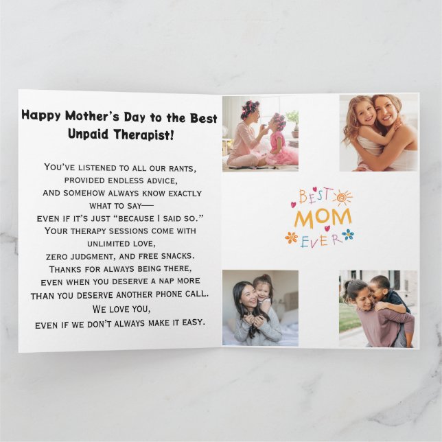 Funny "Mum Unpaid Therapist" Floral Mother's Day C Card (Inside)