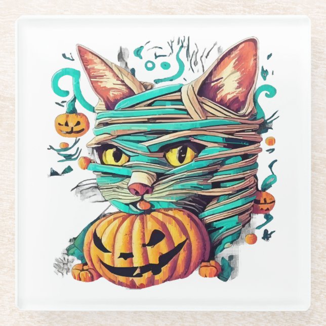 Funny Mummy Cat Halloween Glass Coaster (Front)