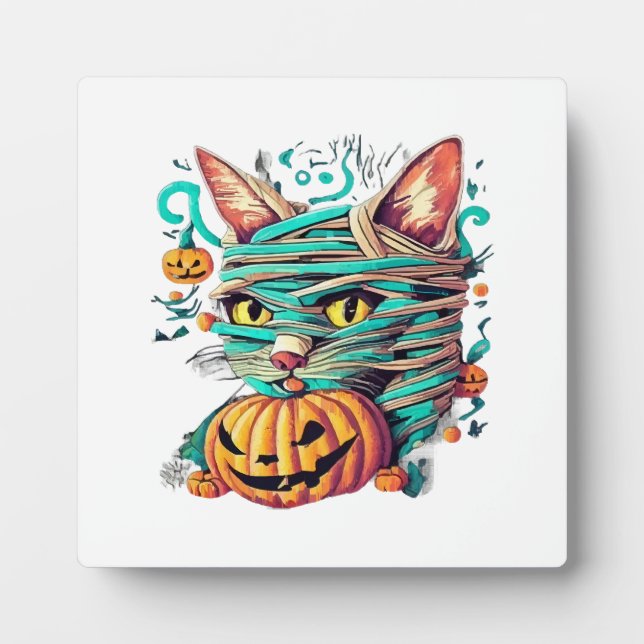 Funny Mummy Cat Halloween Plaque (Front)
