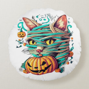 Funny Mummy Cat Halloween Round Cushion