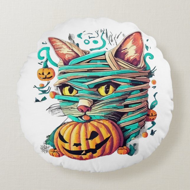 Funny Mummy Cat Halloween Round Cushion (Front)
