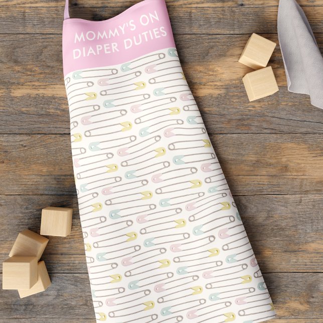 Funny Mummy's On Diaper Duties New Parent Apron (A cute diaper pin pattern apron with space for your text. My Mommy is on Diaper Duties)
