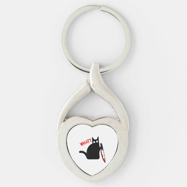 Funny Murderous Cat Holding Knife Halloween Key Ring (Front)