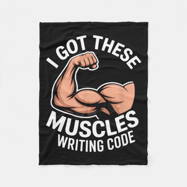 Funny muscles writing code saying programmer Funny Fleece Blanket (Front)