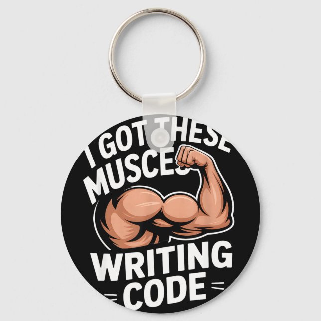 Funny muscles writing code saying programmer Funny Key Ring (Front)