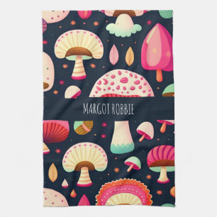 Funny mushroom Pink Blue Isometric Pattern Tea Towel