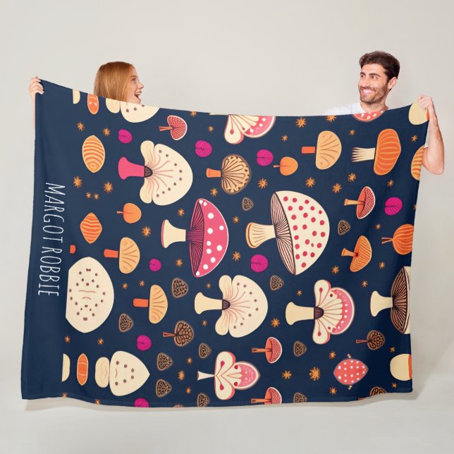 Funny mushroom Pink Blue Watercolor Pattern Fleece Blanket (In Situ)