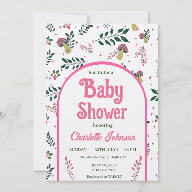 Funny Mushrooms and Fairy Tale Garden Baby Shower Invitation (Front)