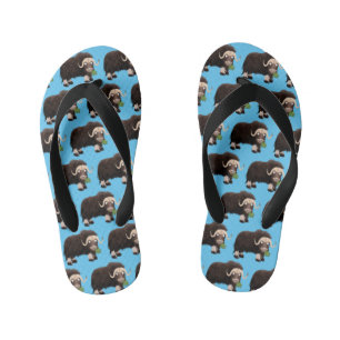 Funny musk ox cartoon illustration kid's flip flops