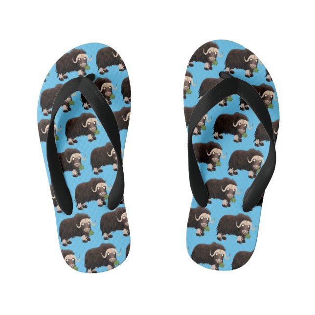 Funny musk ox cartoon illustration kid's flip flops (Footbed)