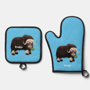 Funny musk ox cartoon illustration  oven mitt & pot holder set