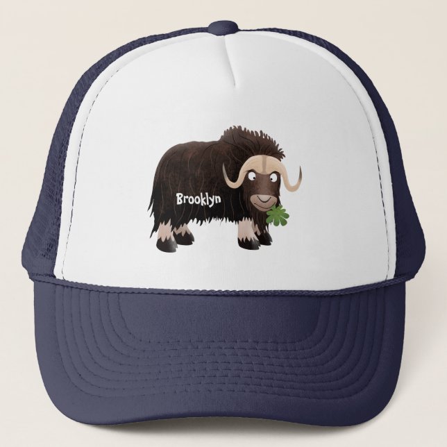 Funny musk ox cartoon illustration trucker hat (Front)